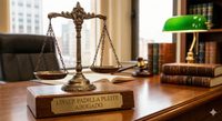 Balanza justicia sobre un escritorio. Bufete de abogados experto en responsabilidad civil Madrid.